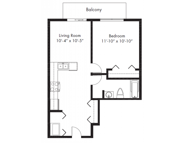 Floor plan for 1 bed, 1 bath, 571 sqft
